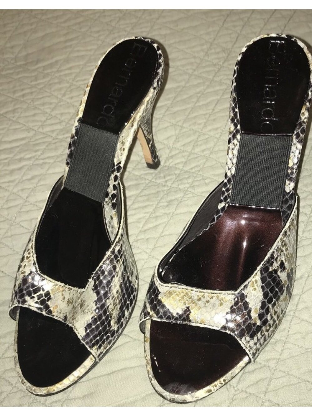 BERNARDO Snake Embossed Leather Open Toe Slides Kitten Heels, 6B
